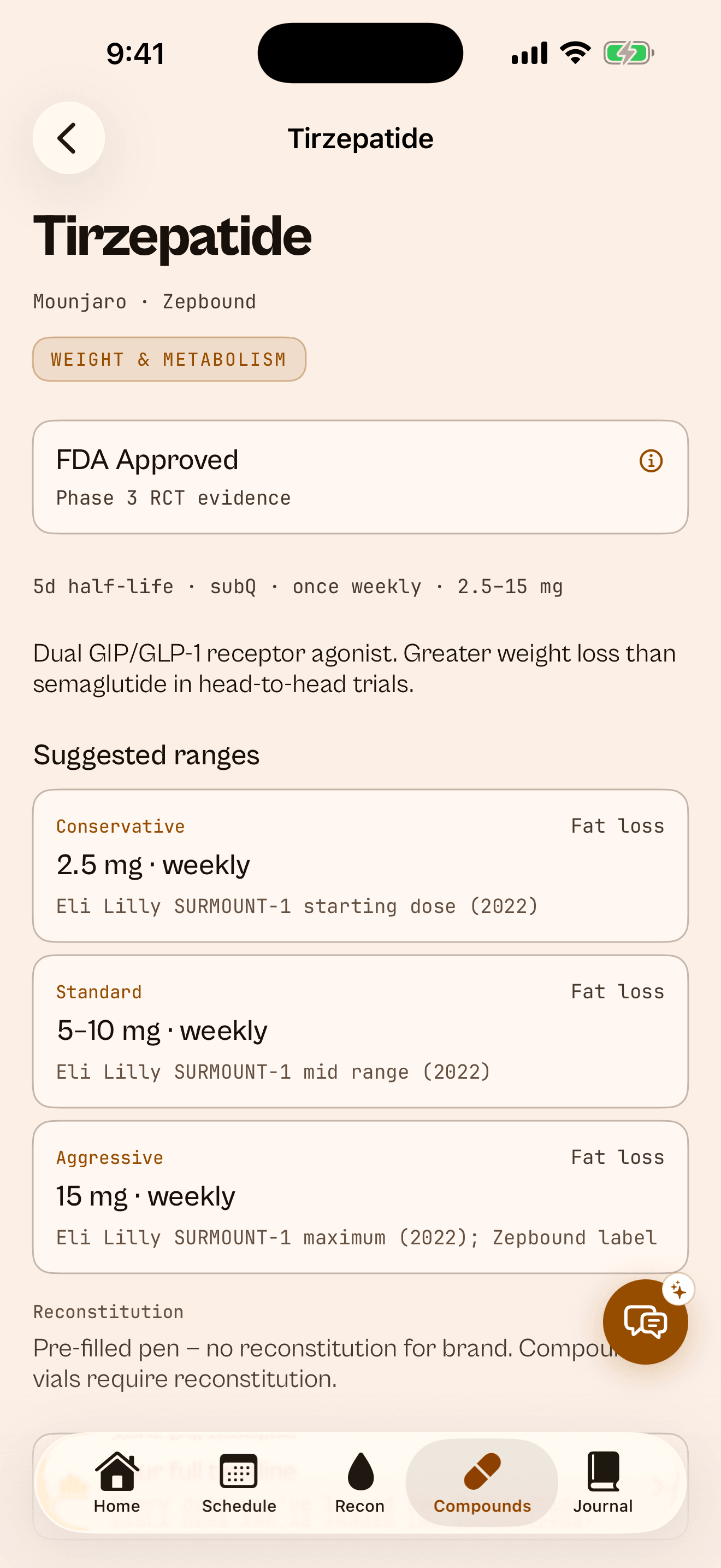 PinPal Tirzepatide detail page showing the FDA Approved Phase 3 RCT evidence badge and Conservative / Standard / Aggressive dose ranges, each sourced to Eli Lilly's SURMOUNT-1 trial.