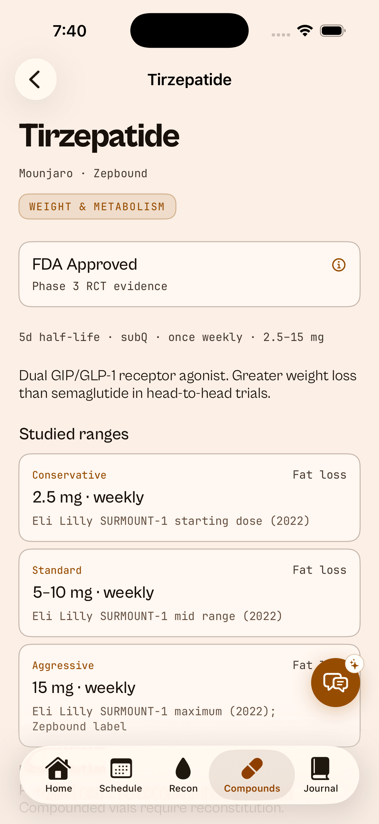 PinPal Tirzepatide detail page showing the FDA Approved Phase 3 RCT evidence badge and Conservative / Standard / Aggressive studied ranges, each sourced to Eli Lilly's SURMOUNT-1 trial.
