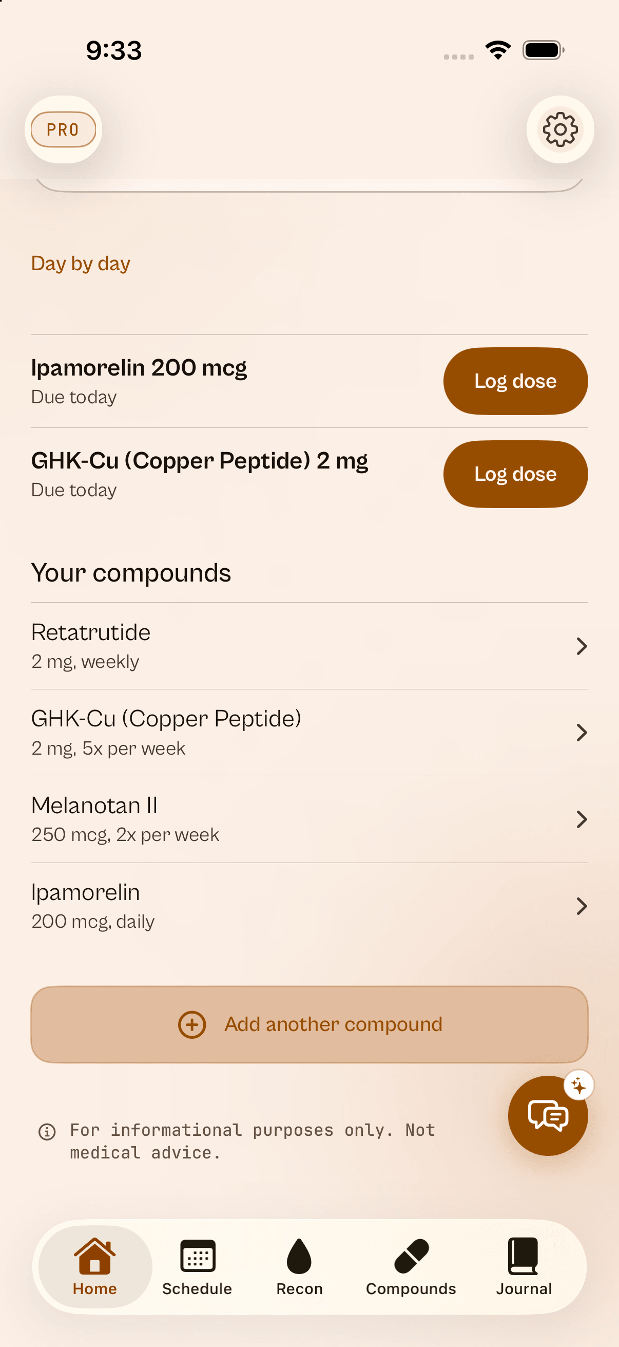 PinPal home screen lower half: two doses due today with Log dose buttons, then the four compounds in the stack with amount and frequency.